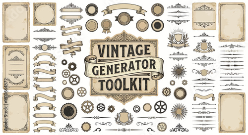 Vintage Generator Tool Kit with Decorative Elements and Frames.