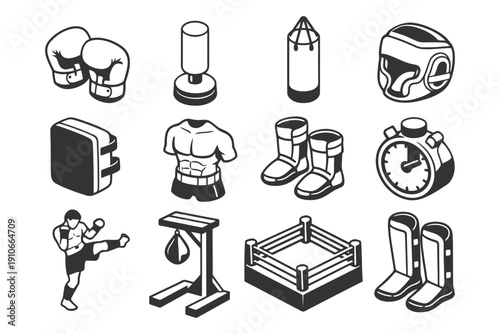 Boxing equipment icons set featuring gloves, punching bag, ring, and stopwatch.