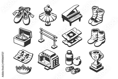 Black and white dance and music icons collection featuring ballet and instruments.