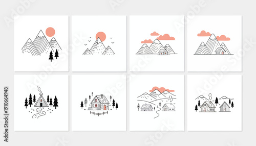Collection of Simple Mountain Landscape Illustrations.