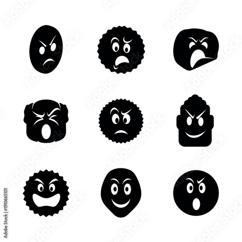 A flat lay of nine black emoticon faces with various expressions on a white background.