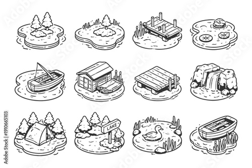 Hand-drawn lake adventures collection with boats, cabins, and nature scenes.