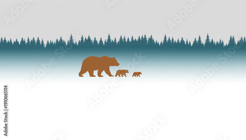 Mother bear and cubs walking in the snow forest landscape.