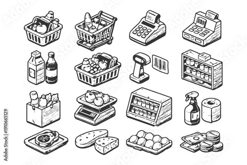 Hand-drawn grocery items and store equipment collection.