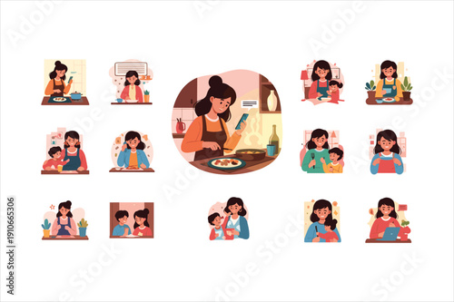 Cartoon mother cooking and spending time with child in kitchen together happily at home