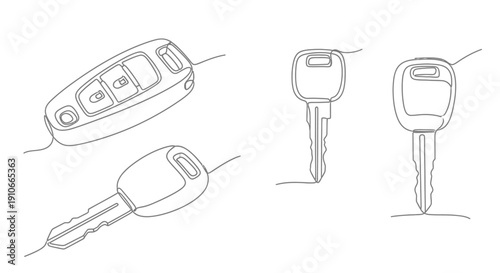 Line drawing of a modern car key and remote with multiple views