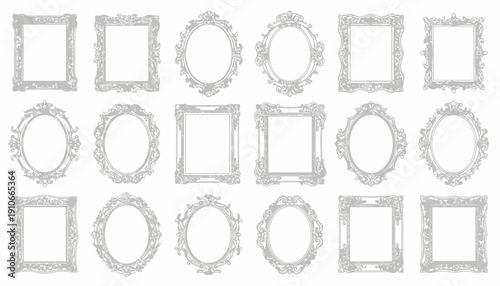 Collection of ornate gray picture frames in various shapes and designs.