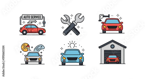 Auto service icons depicting car repair maintenance and related elements
