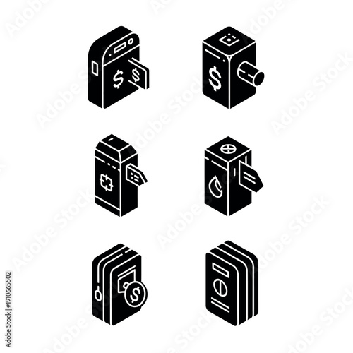 Set of six black and white icons depicting various payment and transaction methods on a solid white background.