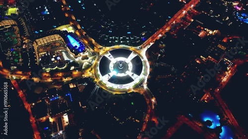 illuminated night city downtown, light streets of financial district, Tenerife