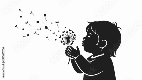 Silhouette of child blowing dandelion on clear white background, releasing delicate seeds into air. Joyful child blowing dandelion represents innocence and nature connection.