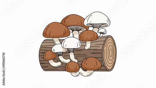 Natural mushroom log illustration, a cluster of fungi growing on decaying wood. Mushroom log displays diverse cap shapes and stem heights, depicting a woodland ecosystem.