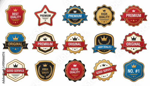 Collection of premium quality badges and labels for branding and marketing.