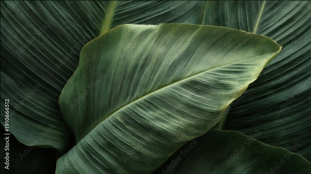 Obraz premium Lush Green Tropical Leaf Close-Up Showcasing Intricate Veins and Textures, Perfect for Nature and Botany Themes in Design and Advertising