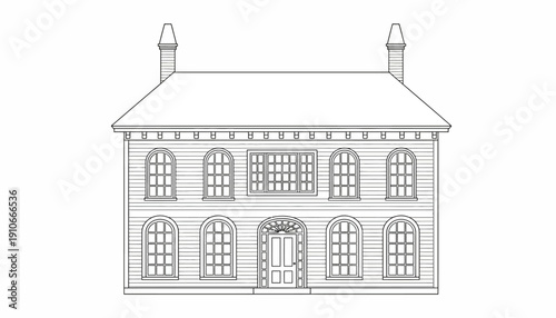 Simple two-story house with symmetrical facade and chimneys.
