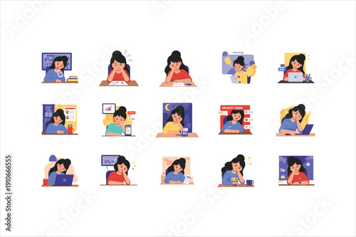 Collection of cartoon illustrations of woman working on laptop at desk in various poses