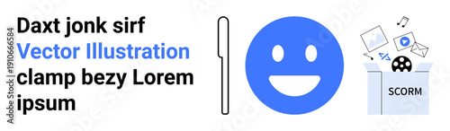 E-learning, education tools, content sharing, multimedia resources, online learning, digital organization. A blue happy face and an open box labeled SCORM with media icons. E-learning and education