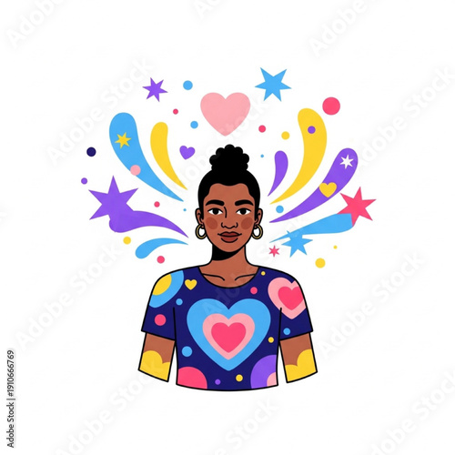 Self-Love Concept with Person and Floating Abstract Shapes, Modern Flat Vector Illustration