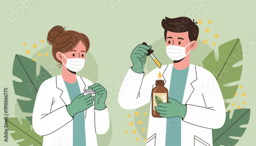 Scientists in lab coats conducting research with pipettes and bottles.