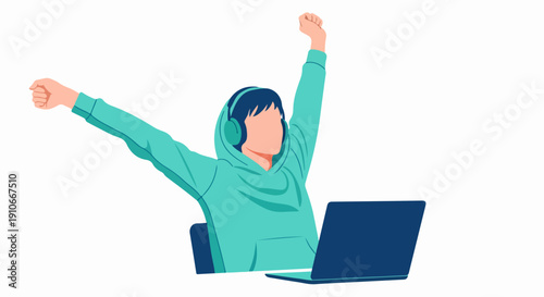 Young person celebrating online success, arms raised high in triumph by laptop, wearing headphones. Online success shows goal achievement, project completion with digital tools.