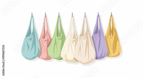 Reusable bags in pastel colors hanging on hooks, representing sustainable lifestyle. Fabric bags offer practical solution for grocery shopping, promoting environmental awareness.
