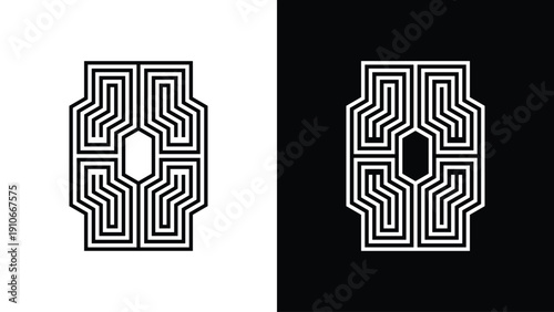 Traditional Nordic Style Black and White Symmetrical Labyrinth Design Elements and Ornaments Vector Graphics
