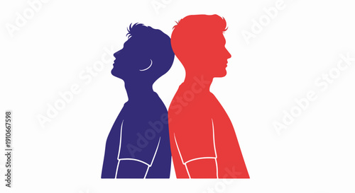 Two men silhouette illustrating diverse perspectives with one blue and one red figure standing back to back. Diverse perspectives depict different viewpoints, opinions,