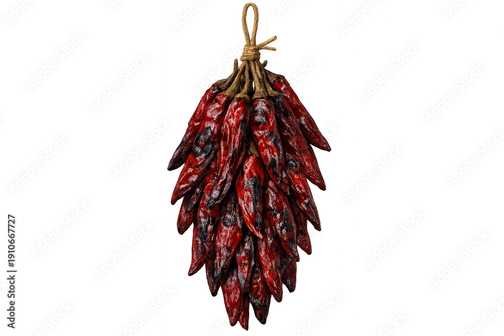 Obraz premium Dried red chili peppers hanging on a string, traditional spicy food seasoning for cooking and flavor
