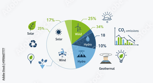 Renewable energy sources pie chart showing solar, wind, hydro, and geothermal power percentages, with eco-friendly icons and decreasing CO2 emissions graph.