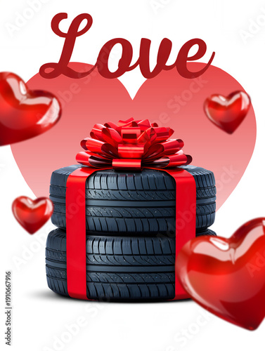 Stack of Black Car Tires with Red Gift Bow and Love Text in Heart Shape Isolated