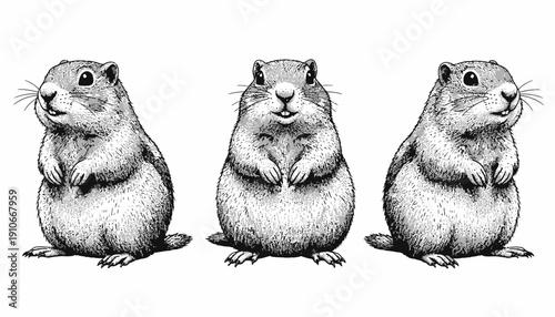 Three cartoon chipmunks standing upright with different facial expressions.