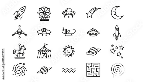 Collection of simple line icons representing space and fantasy elements.