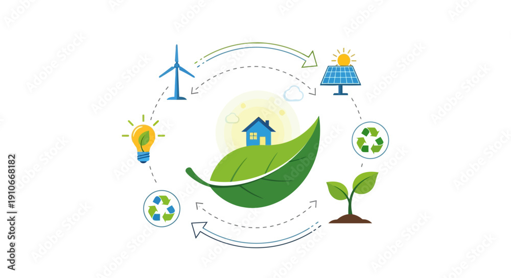 Fototapeta premium Eco-friendly home with renewable energy sources and recycling, promoting sustainable living and environmental conservation.
