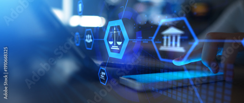 Fotografie Digital Justice and Legal System Interface with Law and Court Icons