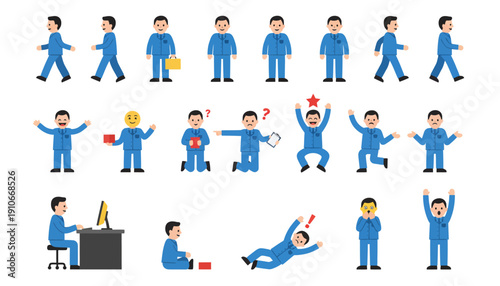 Cartoon man in blue uniform performing various actions and poses.