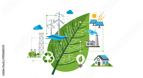 Sustainable energy concept with green leaf, wind turbines, solar panels, and eco-friendly house, promoting renewable resources and reducing carbon footprint.