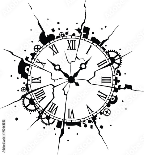 A stark black silhouette of a broken clock face, with a single, faded hand pointing to a point.