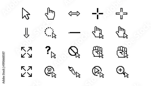 Collection of simple black line icons on white background.
