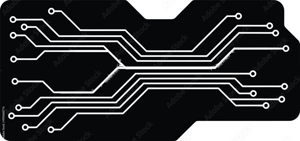 Obraz premium A simplified, black silhouette of a circuit board, with a single, glowing line tracing a path. Emphasize the grid-like structure