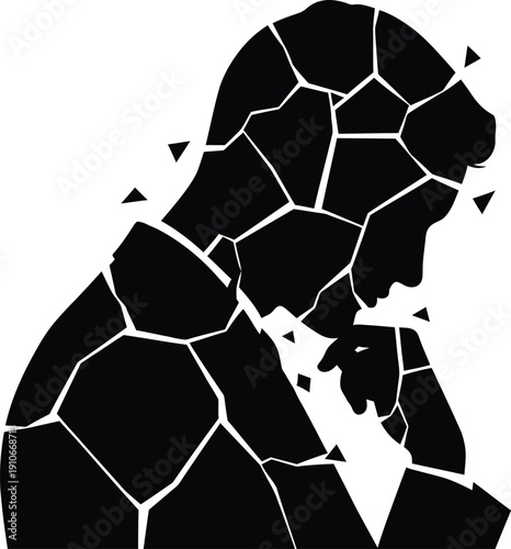 A stark black silhouette of a broken mirror, with a single, distorted reflection visible within the cracks