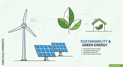 Sustainable green energy concept with wind turbine, solar panels, and house with leaf, representing eco-friendly living and renewable energy sources for a cleaner environment.