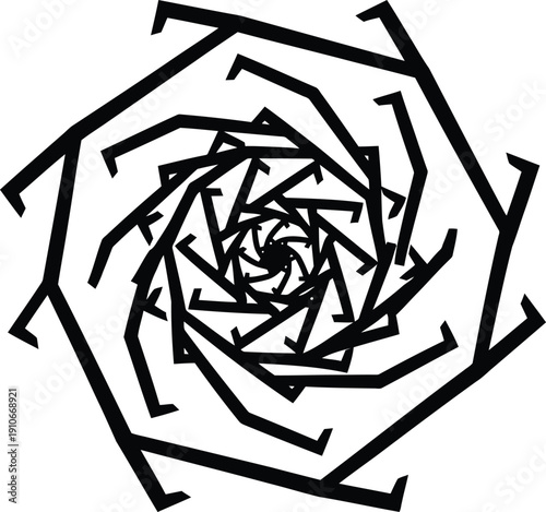 A black silhouette of a geometric spiral, with a strong emphasis on the negative space within the shape