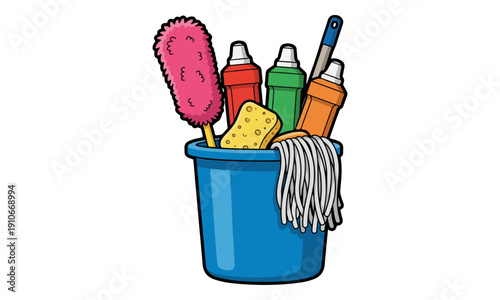 Cleaning Supplies Bucket Illustration with Mop, Duster, and Detergents
