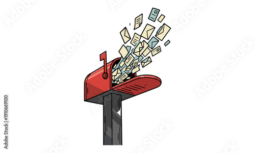 Red Mailbox Overload: Letters and Mail Exploding Out Illustration