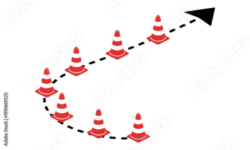 Traffic Cones Slalom Course with Dotted Path and Directional Arrow