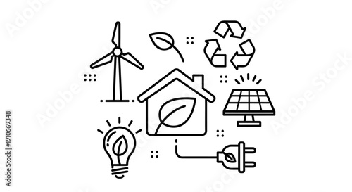 Eco-friendly home energy concept with wind turbine, solar panel, recycling symbol, and green house with leaf, representing sustainable living and renewable energy sources.