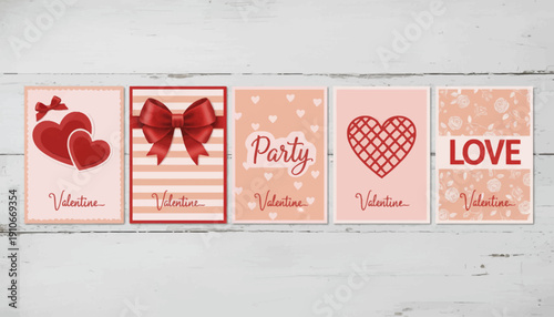 Valentine's Day greeting cards with hearts and ribbons.