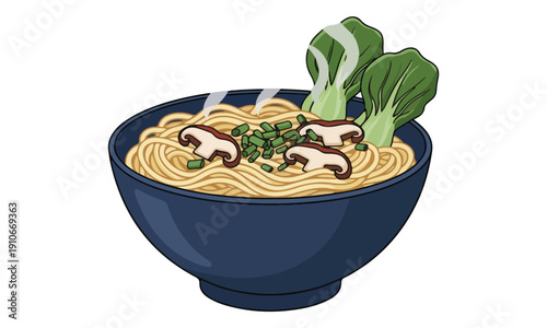 Steaming Ramen Noodle Bowl with Bok Choy and Mushroom Toppings