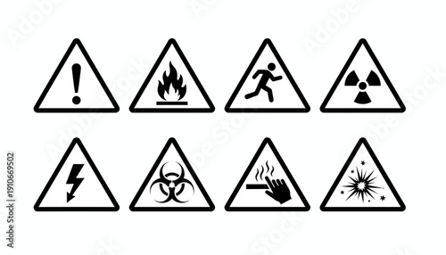 Set of black and white warning signs for various hazards.
