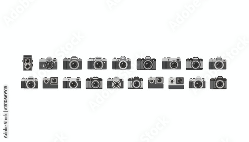 Collection of various camera models displayed in a grid pattern.